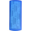 A blue bandage dispenser with a logo, featuring a transparent section that reveals bandages inside.