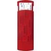 A red bandage dispenser with a curved top, holding bandages inside, and featuring a logo.
