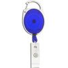 A retractable badge holder in blue with a silver clip and a clear plastic strap. It features a branding logo.