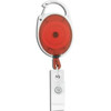 A retractable badge holder in red with a silver clip and reel, featuring a round design for easy access.