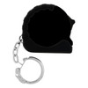 A black mini tape measure with a silver keychain attachment. The product has a rounded, compact design.