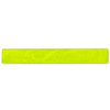 A reflective slap wristband in bright yellow, featuring a smooth, flexible design and a logo.