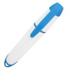 A highlighter in white and blue, featuring a sleek design and a clip on the side. It has a branding logo.