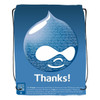 A blue drawstring backpack featuring a water droplet design and a logo, with a thank you message.