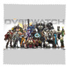 A large microfibre cloth featuring a colourful character design from Overwatch and a logo at the top.