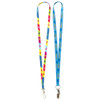 Two 13mm custom lanyards featuring vibrant patterns in blue, pink, and yellow, complete with attachments and logos.