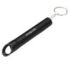 A drink bottle opener keychain in sleek black, featuring a keyring attachment and a branding logo.