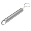 A drink bottle opener keychain in silver metal with a circular opening and a keyring attachment.