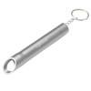 A drink bottle opener keychain in silver, with a cylindrical shape and loop for attaching to keys.