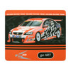A mouse mat featuring an orange design with a racing car graphic and a branding logo.