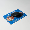 A black mouse positioned on a blue mouse mat featuring images of children and text related to wellbeing.