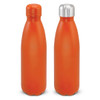 A drink bottle in vibrant orange with a matte finish and a silver stainless steel lid, featuring a logo.