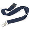A navy blue glow in the dark lanyard with a clip and adjustable buckle. It features a logo.