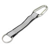A grey reflector key ring with a silver carabiner and metal ring for attachment. Features a logo.