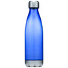 A drink bottle in a translucent blue colour with a silver lid, featuring a logo.