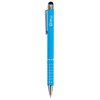 A blue stylus pen with a shiny silver clip and tip, featuring a logo on the barrel.