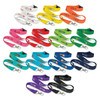 A collection of colourful RPET lanyards in various shades, each with a clip attachment and some featuring logos.