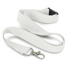 A white RPET lanyard with a metal clip and a black plastic adjuster. It features a simple, sturdy design.