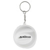 A keychain featuring a round white design with a logo and branding.