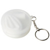 A white, reusable silicone straw stored in a round carrying case with a keychain attachment.