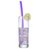 A drink bottle filled with ice water, featuring a purple reusable silicone straw and a slice of lime.