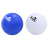 A blue and a white massage ball featuring a logo. Smooth surface and round shape, ideal for stress relief.
