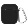 A black earbud case with a metal carabiner attached. The case has a smooth, rounded design and features a logo.