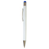 A white stylus pen with a blue tip and silver accents, featuring a clip and branding.