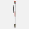 A white stylus pen with a chrome clip and an orange tip, featuring a branded section.