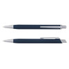 A metal pen in dark blue with a silver clip and tip, featuring a logo.