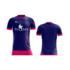 A sports jersey in navy blue with pink accents and a logo on the front, featuring short sleeves.