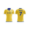 A yellow polo soccer jersey with blue accents and a logo, featuring the name "Mario" and the number 7 on the back.