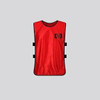 A red soccer vest designed for sports uniforms, featuring a logo and adjustable straps on the sides.