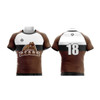 A brown and white rugby jersey featuring a logo and the number 18 on the back.
