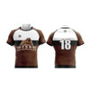 A brown and white rugby jersey featuring a logo and the number 18 on the back.