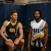 Two male models wearing AFL reversible jerseys in black and white designs, featuring logos and sporty styles.