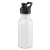 A drink bottle in white with a black sports lid and a loop for easy carrying. It features a logo on the side.