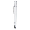 A white metal pen with chrome accents and a clip, featuring a branding logo.