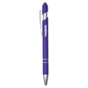 A purple metal pen with a shiny silver clip and tip, featuring a logo on the barrel.