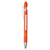 An orange metal pen with a chrome clip and an orange top. The pen has a logo on its side.