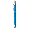 A blue metal pen with a silver clip and detailing, featuring a logo on the barrel.