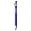 A purple metal pen with a silver clip and accents, featuring a rubber stylus tip and a logo.
