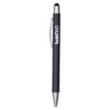 A sleek black metal pen with a shiny silver tip and clip, featuring a logo on the barrel.