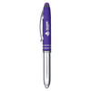 A purple stylus pen with a silver clip and tip, featuring a logo on the barrel.