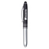 A stylus pen featuring a black barrel and chrome accents, with a logo on the side.
