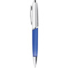 A metal pen with a blue barrel and silver accents, featuring a clip for easy attachment.