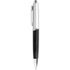 A metal pen in silver and black with a sleek design and a clip. It features a branding logo.