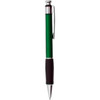 A green plastic pen with a silver clip and a black grip, featuring a branding logo.
