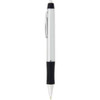 A silver plastic pen with a black grip, featuring a clip and a logo on the barrel.