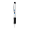 A plastic pen with a white barrel, black grip, and a logo. It features a silver clip and a ballpoint tip.